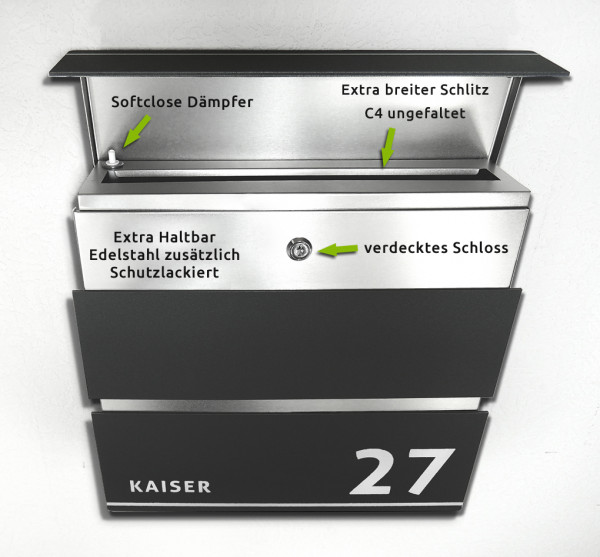 NEW SECURE 2 Hochwertiger Edelstahl Design Briefkasten mit Echt-Schiefer