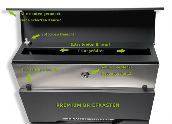 Prime Post 55 Premium Design Briefkasten Anthrazit mit Edelstahl Name Nummer