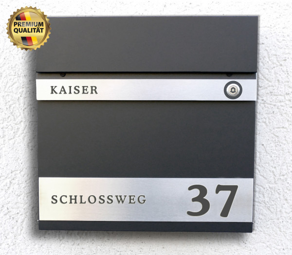 P87L, WAND, LED Klingel, Zeitungfach, Anthrazit, mit Hausnummer, Briefkasten, Schiefer, Briefkasten, Wasserdicht,