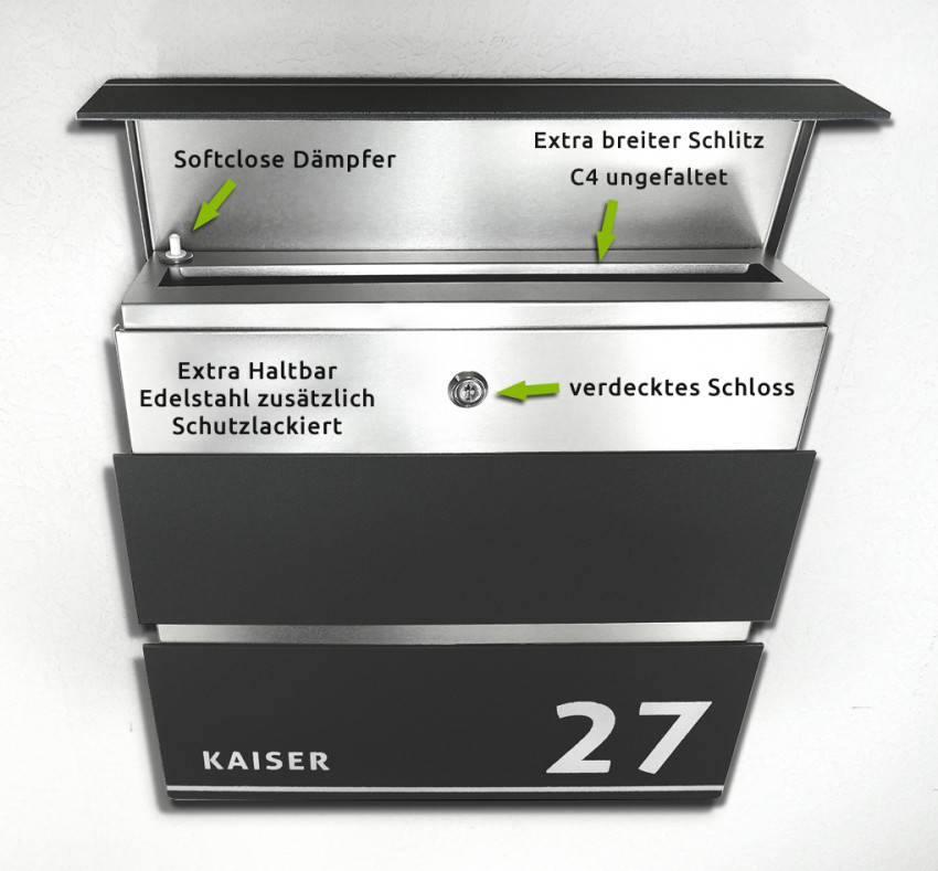 Prime22, detail, Briefkasten,Edelstahl,Anthrazit,Beschriftung,mit Name,