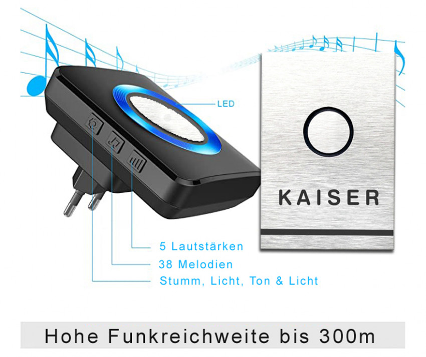 FUNK-KLINGEL,Tecknet, 2 Emfänger, 400m, Wasserdicht, Test sehr gut, Schwarz