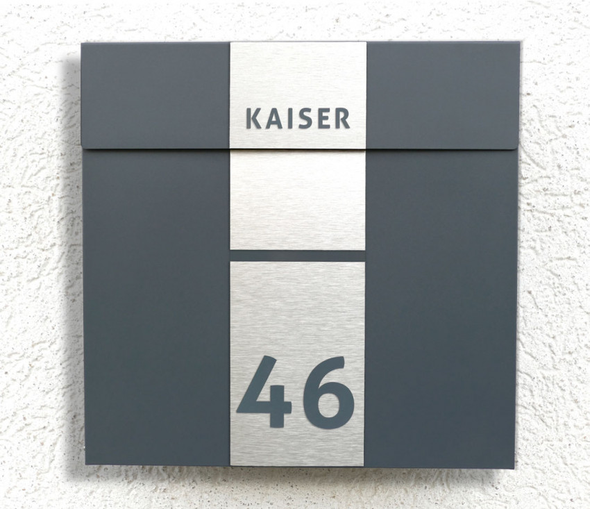 Quadra 2, Gebürstet,Anthrazit, Briefkasten, Wandbriefkasten, Hausnummer, Name, mit, Beschriftung