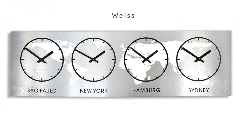 Penta, gebürstet, Weiss ,Weltzeit,Zeitonen-Wanduhr, 1m ,  Zonen,